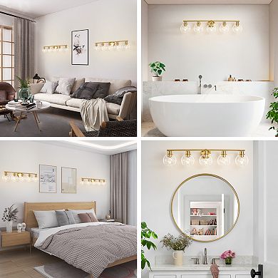 POWLIG 38.98" 5-Light Dimmable Bathroom Vanity Light - Black&Gold Finish with Clear Glass Shades