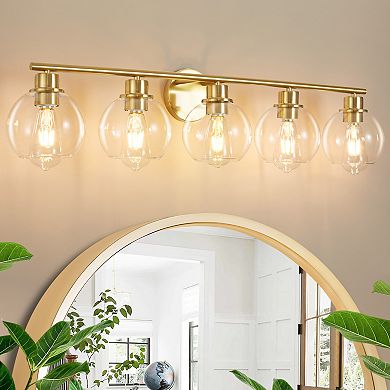 POWLIG 38.98" 5-Light Dimmable Bathroom Vanity Light - Black&Gold Finish with Clear Glass Shades