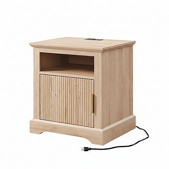 ZUQIETA 22" Fluted Nightstand with Charging Station, Open Shelf & Spacious Top, Natural Wood