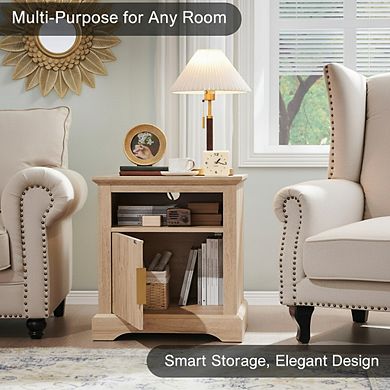 ZUQIETA 22" Fluted Nightstand with Charging Station, Open Shelf & Spacious Top, Natural Wood