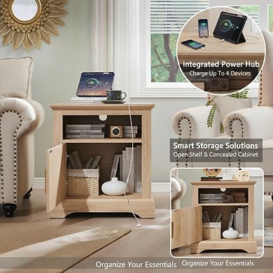 ZUQIETA 22" Fluted Nightstand with Charging Station, Open Shelf & Spacious Top, Natural Wood