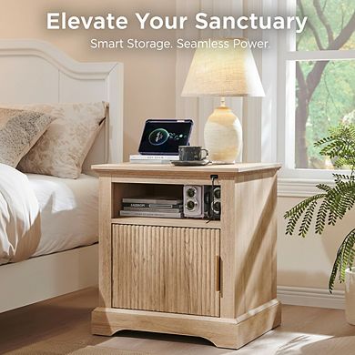 ZUQIETA 22" Fluted Nightstand with Charging Station, Open Shelf & Spacious Top, Natural Wood