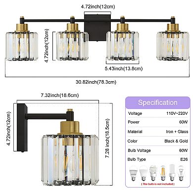 POWLIG 31" 4-Light Gold Vanity Light with Crystal Shades - Dimmable Bathroom Lighting Fixtures
