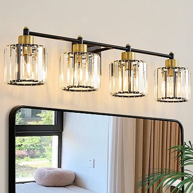 POWLIG 31" 4-Light Gold Vanity Light with Crystal Shades - Dimmable Bathroom Lighting Fixtures