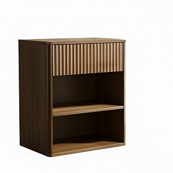 ZUQIETA Mid-Century Nightstand with Fluted Drawer & Open Shelf, Walnut Brown Bedside Table