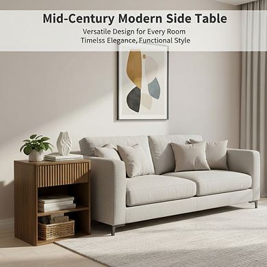 ZUQIETA Mid-Century Nightstand with Fluted Drawer & Open Shelf, Walnut Brown Bedside Table