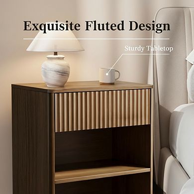 ZUQIETA Mid-Century Nightstand with Fluted Drawer & Open Shelf, Walnut Brown Bedside Table