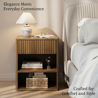 ZUQIETA Mid-Century Nightstand with Fluted Drawer & Open Shelf, Walnut Brown Bedside Table