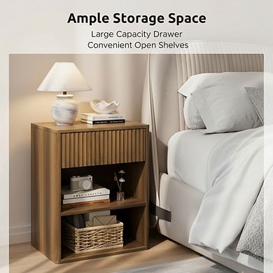 ZUQIETA Mid-Century Nightstand with Fluted Drawer & Open Shelf, Walnut Brown Bedside Table