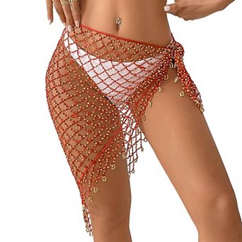 Women's Crochet Beaded Beach Cover Up - Hand Knit Triangle Sarong Swimsuit Coverup