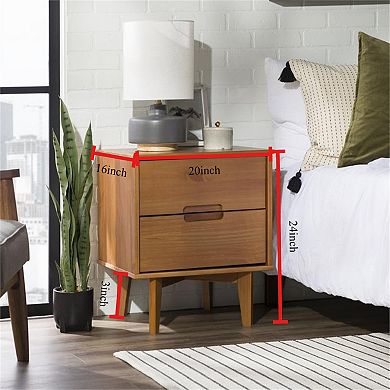 ZUQIETA Mid-Century Modern Nightstand with 2 Drawers & Shelf, 24" Caramel Wood End Table