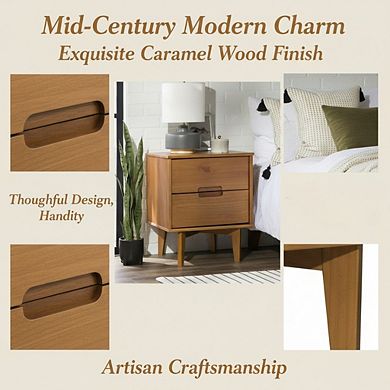 ZUQIETA Mid-Century Modern Nightstand with 2 Drawers & Shelf, 24" Caramel Wood End Table