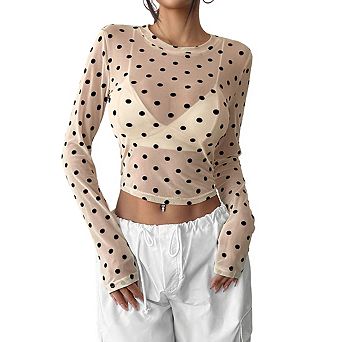 Women's Crew Neck Long Sleeve Slim Fit Semi Sheer Polka Dot Stretch Crop Top