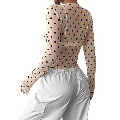 Women's Crew Neck Long Sleeve Slim Fit Semi Sheer Polka Dot Stretch Crop Top