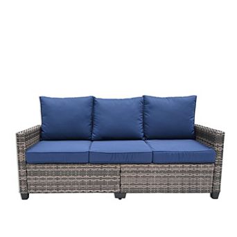PATIOEASY Rattan 3 Person patio Sofas Navy Thick Cushions for Garden Outdoor Furniture Set