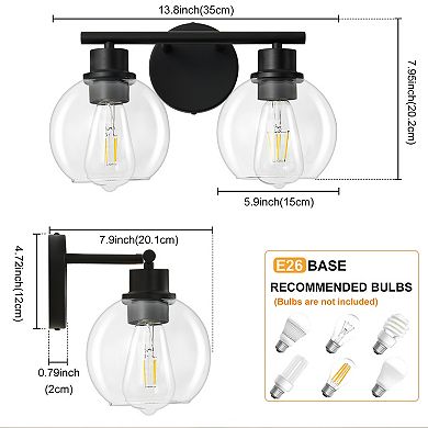 POWLIG 13.4" 2-Light Dimmable Bathroom Vanity Light - Black&Gold Finish with Clear Glass Shades