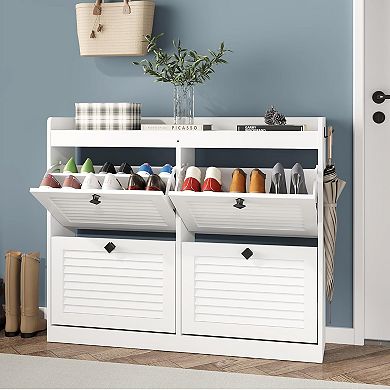 4 Drawer Flip Shoe Cabinet with Adjustable Shelves and Wooden Legs