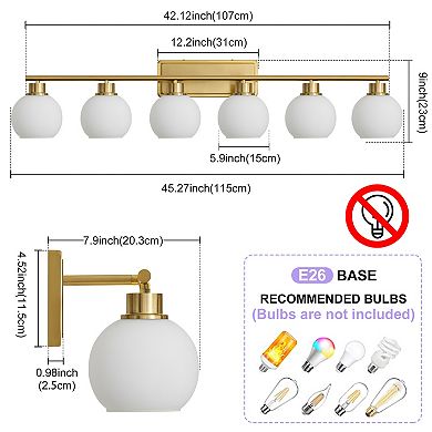 POWLIG 45.27" 6-Light Dimmable Bathroom Vanity Light - Nickel Finish with Milky White Glass Shades