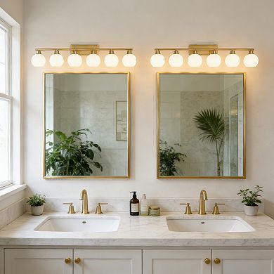POWLIG 45.27" 6-Light Dimmable Bathroom Vanity Light - Nickel Finish with Milky White Glass Shades