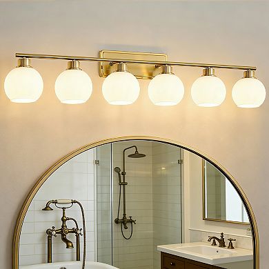 POWLIG 45.27" 6-Light Dimmable Bathroom Vanity Light - Nickel Finish with Milky White Glass Shades