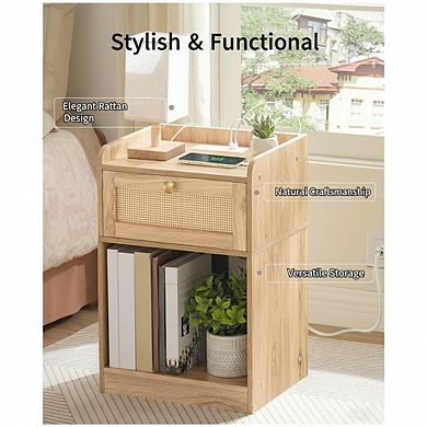 ZUQIETA Rattan-Style Nightstand with Charging Station,USB Ports&Storage Shelf,Boho Natural End Table