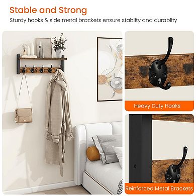 Wall Mounted Wood Coat Rack with Shelf and 5 Hooks