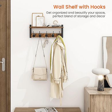 Wall Mounted Wood Coat Rack with Shelf and 5 Hooks