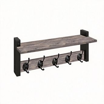 Wall Mounted Wood Coat Rack with Shelf and 5 Hooks