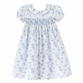 Baby Girls Floral Blue Smocked Dress with Embroidery