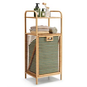 Tilt-Out Bamboo Laundry Hamper with 2 tier Shelf and Removable Liner