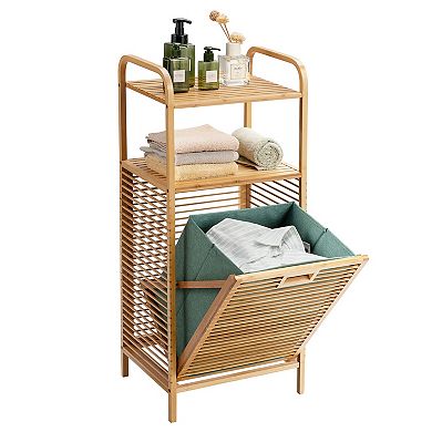 Tilt-Out Bamboo Laundry Hamper with 2-Tier Shelf and Removable Liner