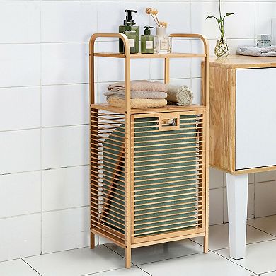 Tilt-Out Bamboo Laundry Hamper with 2-Tier Shelf and Removable Liner