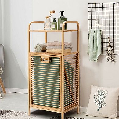 Tilt-Out Bamboo Laundry Hamper with 2-Tier Shelf and Removable Liner