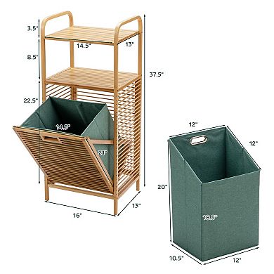 Tilt-Out Bamboo Laundry Hamper with 2-Tier Shelf and Removable Liner