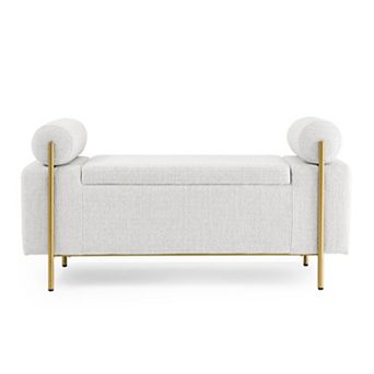 Elegant Linen Upholstered Storage Bench with Cylindrical Armrests and Metal Legs, for Hallway, White