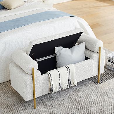 Elegant Linen Upholstered Storage Bench with Cylindrical Armrests and Metal Legs, for Hallway, White