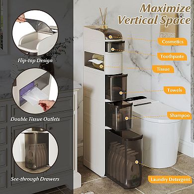 4-Tier Narrow Bathroom Storage Cabinet with Drawers and Tissue Holder