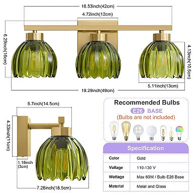 POWLIG 3-Light Gold Vanity Light with Green Glass Shades, 19.29 Inch Modern Wall Sconce