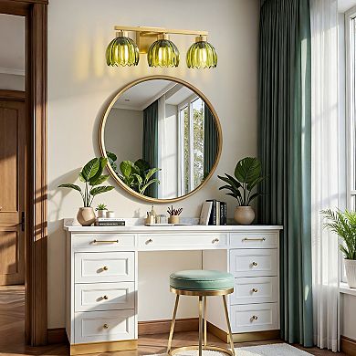POWLIG 3-Light Gold Vanity Light with Green Glass Shades, 19.29 Inch Modern Wall Sconce