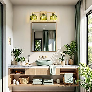 POWLIG 3-Light Gold Vanity Light with Green Glass Shades, 19.29 Inch Modern Wall Sconce