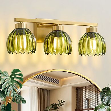 POWLIG 3-Light Gold Vanity Light with Green Glass Shades, 19.29 Inch Modern Wall Sconce
