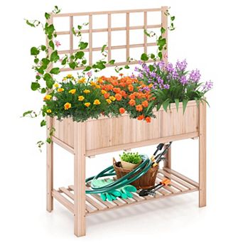 Costway Raised Garden Bed Elevated Wooden Planter Box with Trellis & Open Storage Shelf