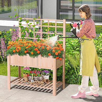 Costway Raised Garden Bed Elevated Wooden Planter Box with Trellis & Open Storage Shelf