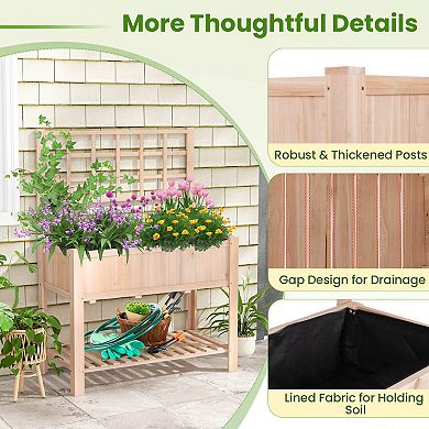 Costway Raised Garden Bed Elevated Wooden Planter Box with Trellis & Open Storage Shelf