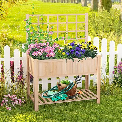 Costway Raised Garden Bed Elevated Wooden Planter Box with Trellis & Open Storage Shelf