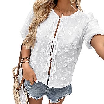 Women's Puff Short Sleeve Round Neck Sheer Tie Front Floral Embroidery Blouse