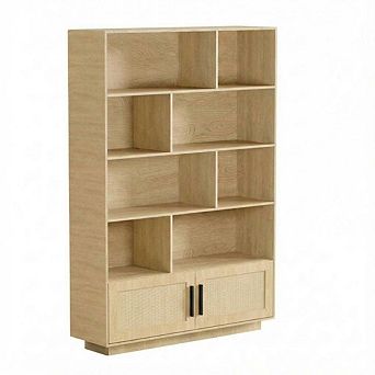 Bohemian Bookshelf with Rattan Doors Tall Wooden Storage Cabinet Adjustable Shelves