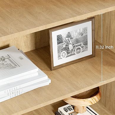 Bohemian Bookshelf with Rattan Doors Tall Wooden Storage Cabinet Adjustable Shelves