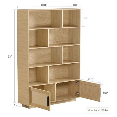 Bohemian Bookshelf with Rattan Doors Tall Wooden Storage Cabinet Adjustable Shelves