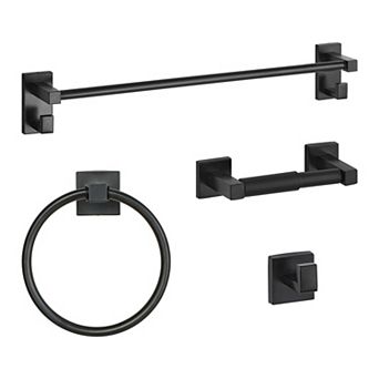 4 pc Bathroom Hardware Set with Towel Bar, Rack, Hook - Black